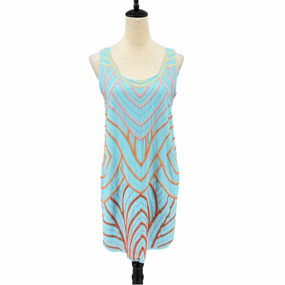 Greylin Sky Blue Chiffon Sleeveless Embroidered Embellished Mini Shift Dress